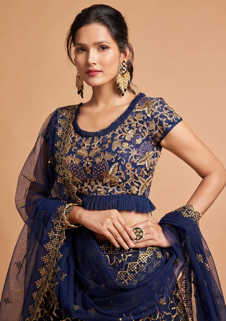 Navy Blue Soft Net Lehenga Set with Embroidered for Diwali | Wedding & Festive Wear - Indya