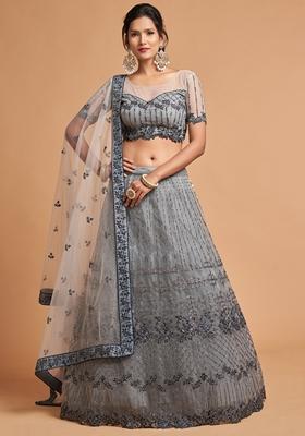 Grey Embroidered Soft Net Lehenga Set