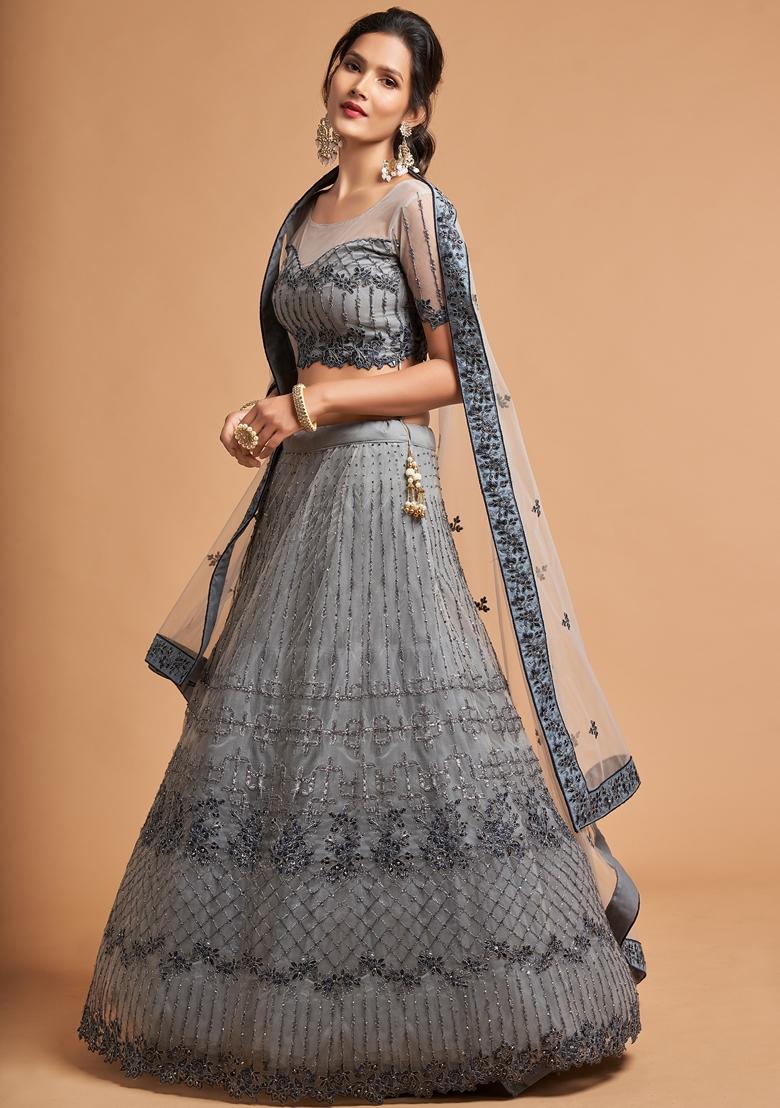 Grey Embroidered Soft Net Lehenga Set