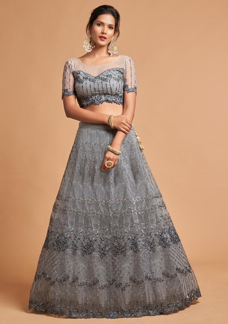 Grey Embroidered Soft Net Lehenga Set