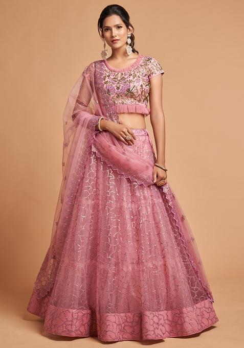 Blush Pink Embroidered Soft Net Lehenga Set