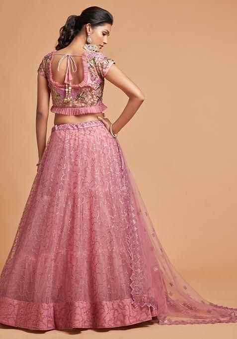 Blush Pink Embroidered Soft Net Lehenga Set