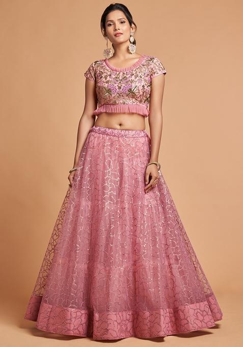 Blush Pink Embroidered Soft Net Lehenga Set