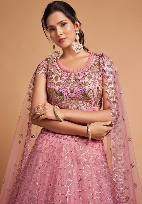 Blush Pink Embroidered Soft Net Lehenga Set