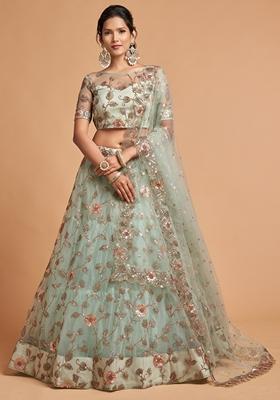 Sky Blue Embroidered Soft Net Lehenga Set