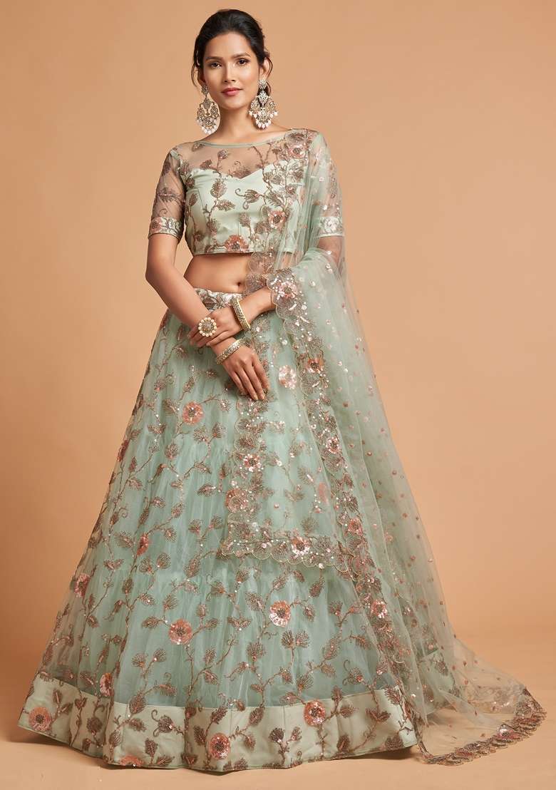 Sky Blue Embroidered Soft Net Lehenga Set for Diwali and Festive Wear - Indya