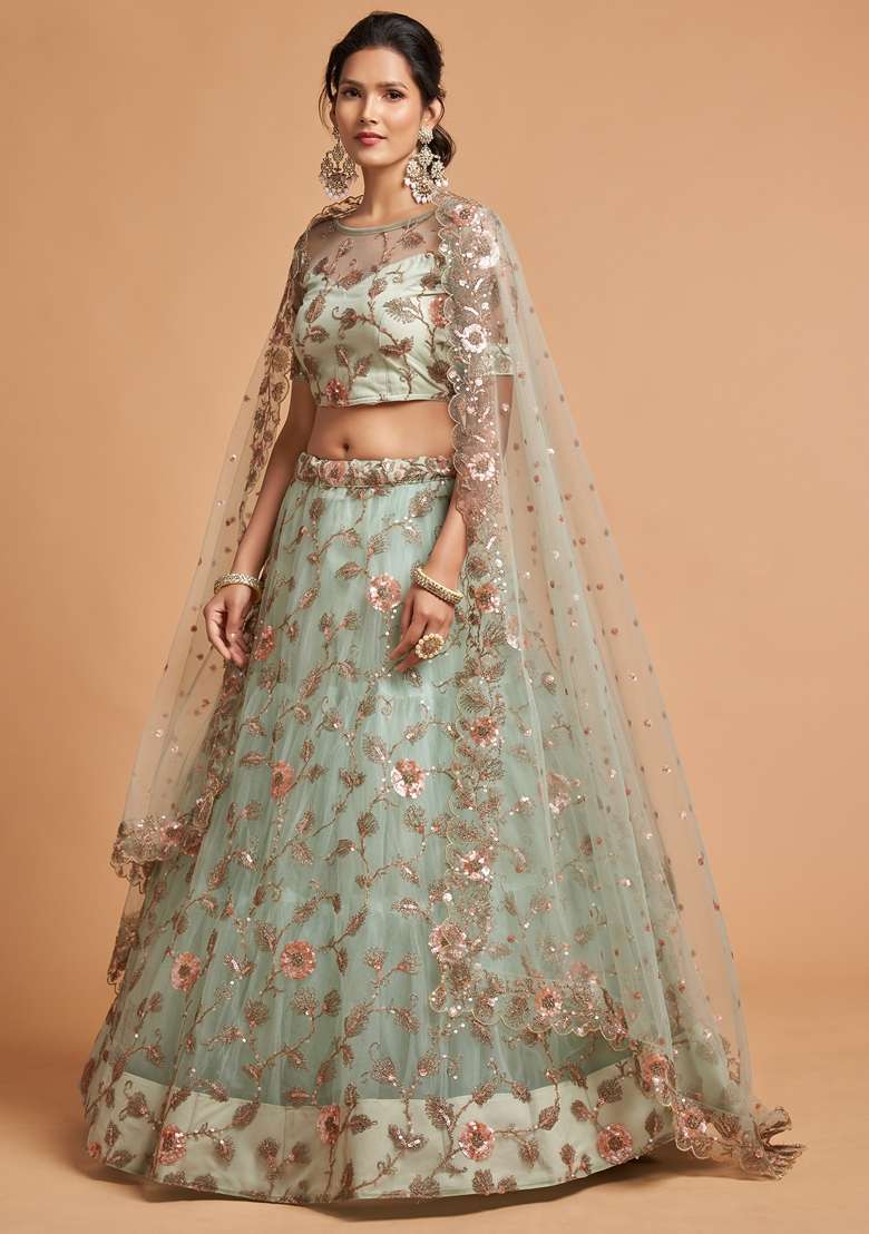 Sky Blue Embroidered Soft Net Lehenga Set for Diwali and Festive Wear - Indya