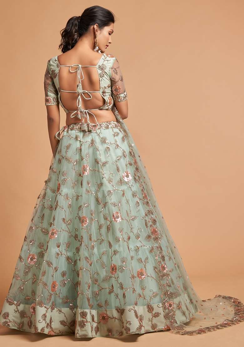 Sky Blue Embroidered Soft Net Lehenga Set for Diwali and Festive Wear - Indya
