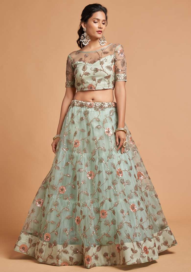 Sky Blue Embroidered Soft Net Lehenga Set for Diwali and Festive Wear - Indya