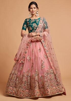 Peach Embroidered Soft Net Lehenga Set
