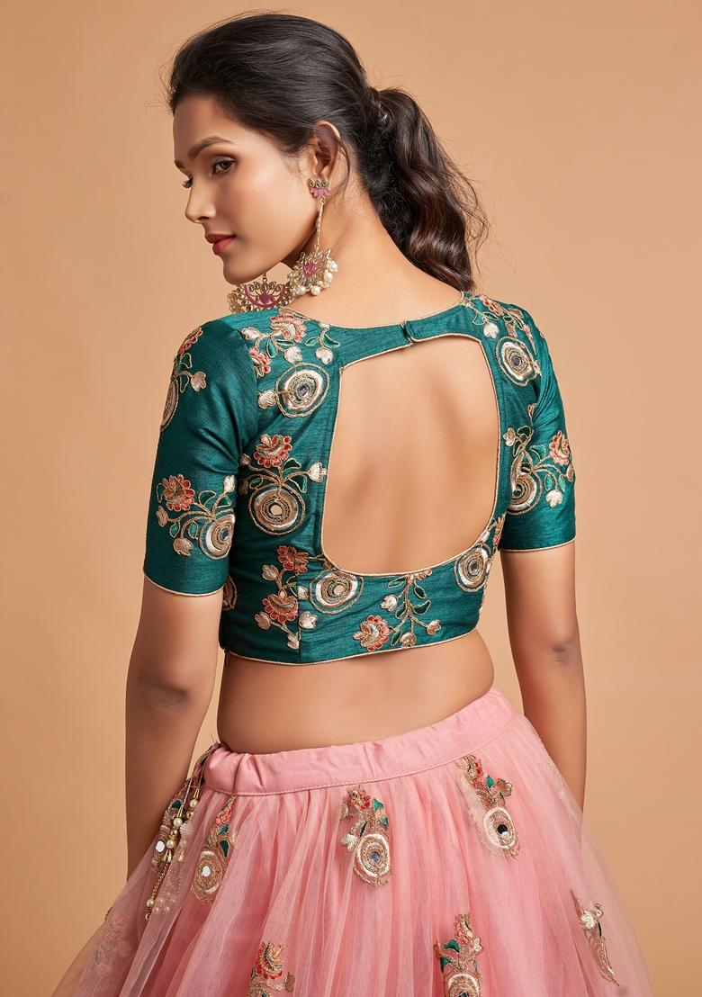 Peach Embroidered Soft Net Lehenga Set