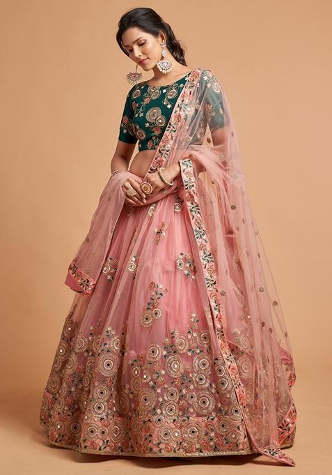 Peach Embroidered Soft Net Lehenga Set
