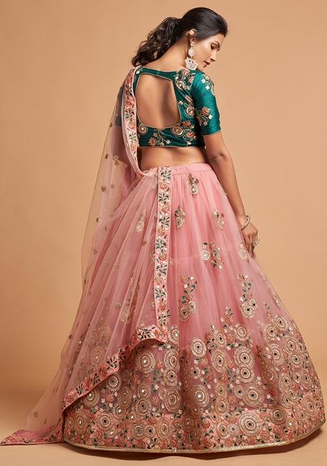 Peach Embroidered Soft Net Lehenga Set
