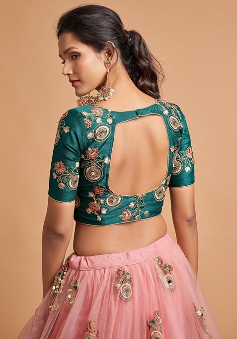 Peach Embroidered Soft Net Lehenga Set