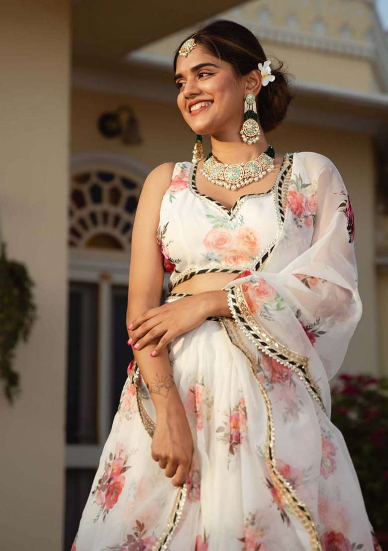 White Lehenga Set with Embroidered for Diwali | Wedding & Festive Wear - Indya