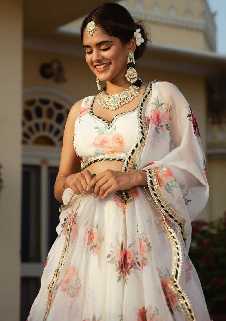 White Lehenga Set with Embroidered for Diwali | Wedding & Festive Wear - Indya