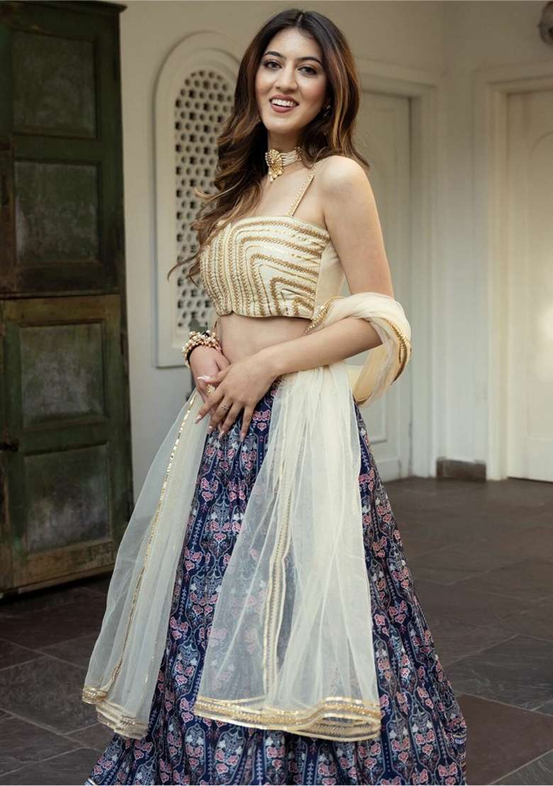 Blue Lehenga Set with Embroidered for Diwali | Wedding & Festive Wear - Indya