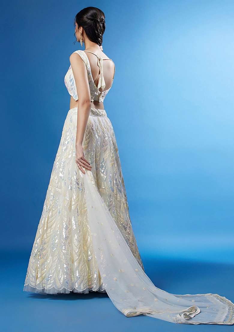 White Embroidered Lehenga Set for Diwali and Festive Wear - Indya