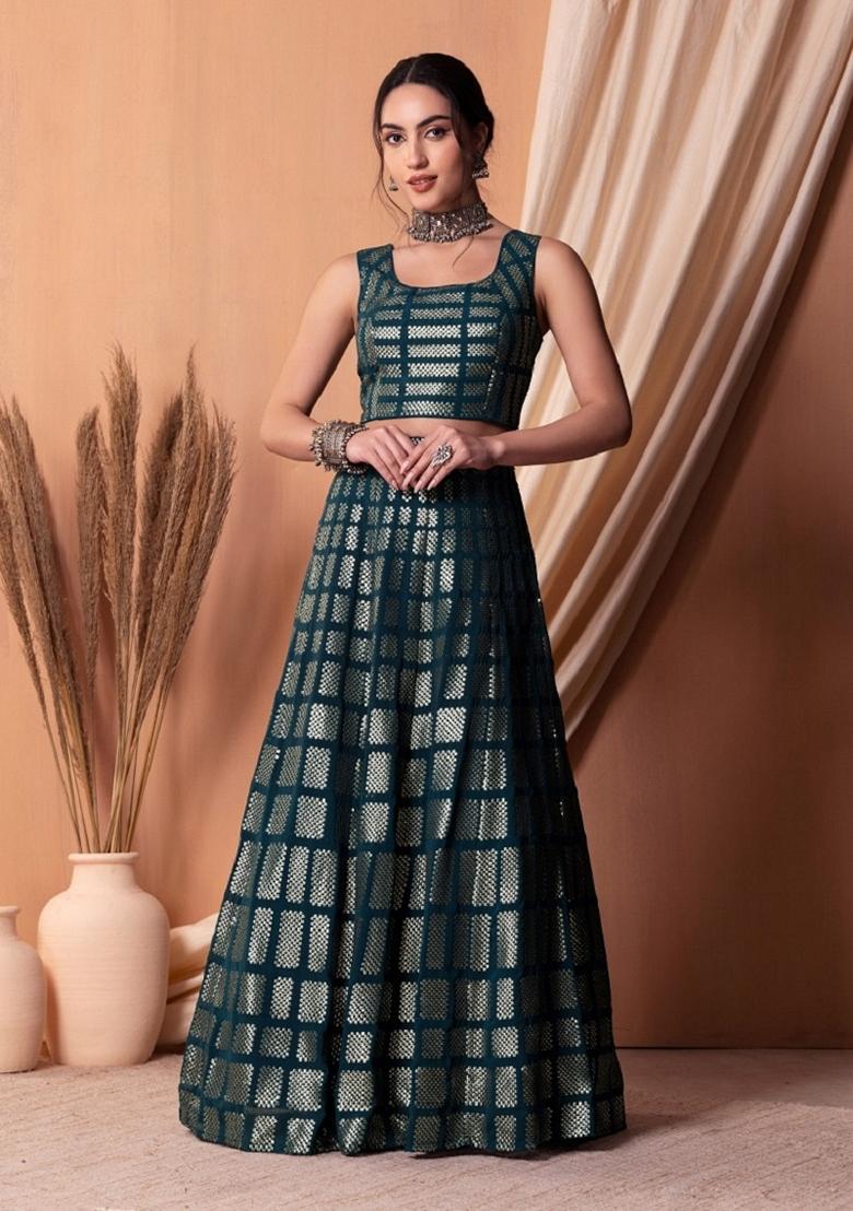 Teal Blue Embroidered Lehenga Set