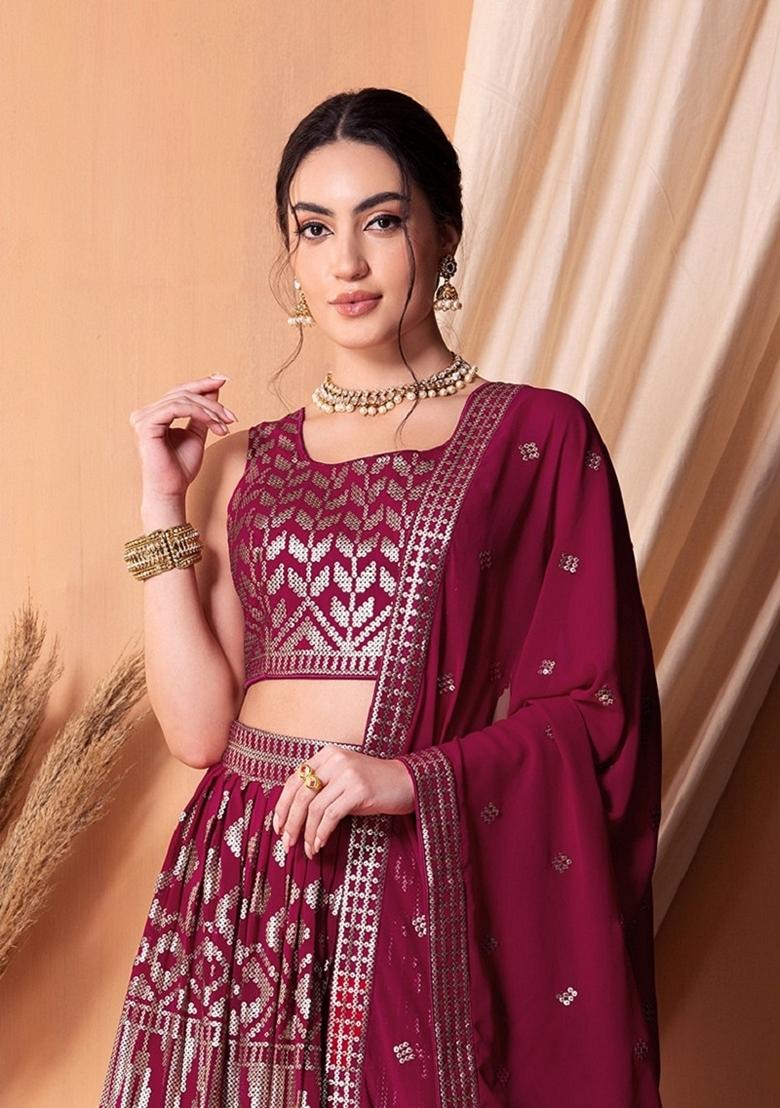 Dark Pink Embroidered Lehenga Set