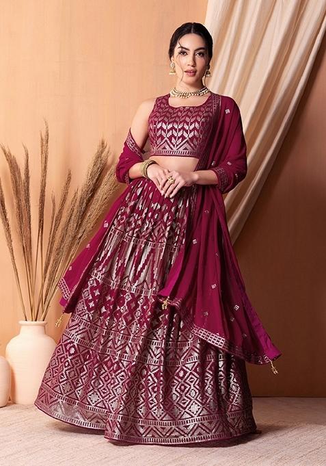 Dark Pink Embroidered Lehenga Set