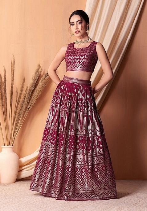 Dark Pink Embroidered Lehenga Set