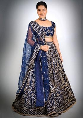 Blue Zari Dori Embroidered Malai Satin Silk Lehenga Set