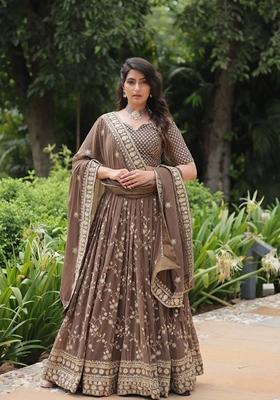 Light Brown Sequin Thread Embroidered Faux Blooming Lehenga Set