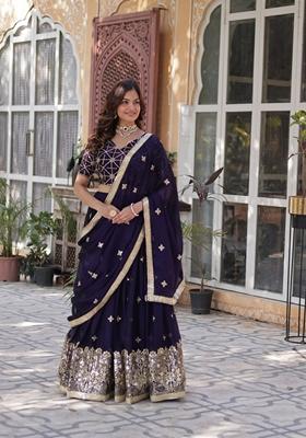 Dark Purple Sequin Thread Embroidered Rangoli Silk Lehenga Set