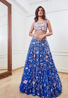 Blue Thread Embroidered Net Lehenga Set