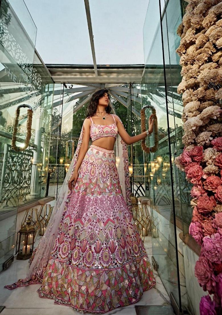 Pink Thread Embroidered Georgette Lehenga Set