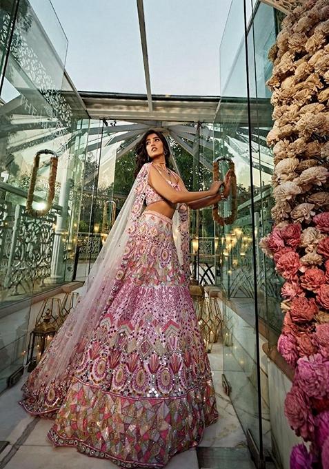 Pink Thread Embroidered Georgette Lehenga Set