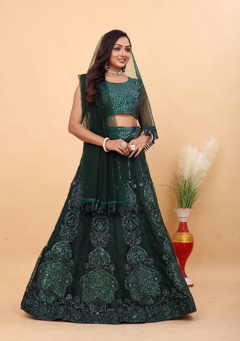 Green Sequin Zari Embroidered Net Lehenga Set