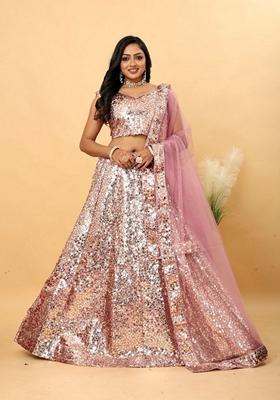 Pink Sequin Embroidered Malai Satin Silk Lehenga Set