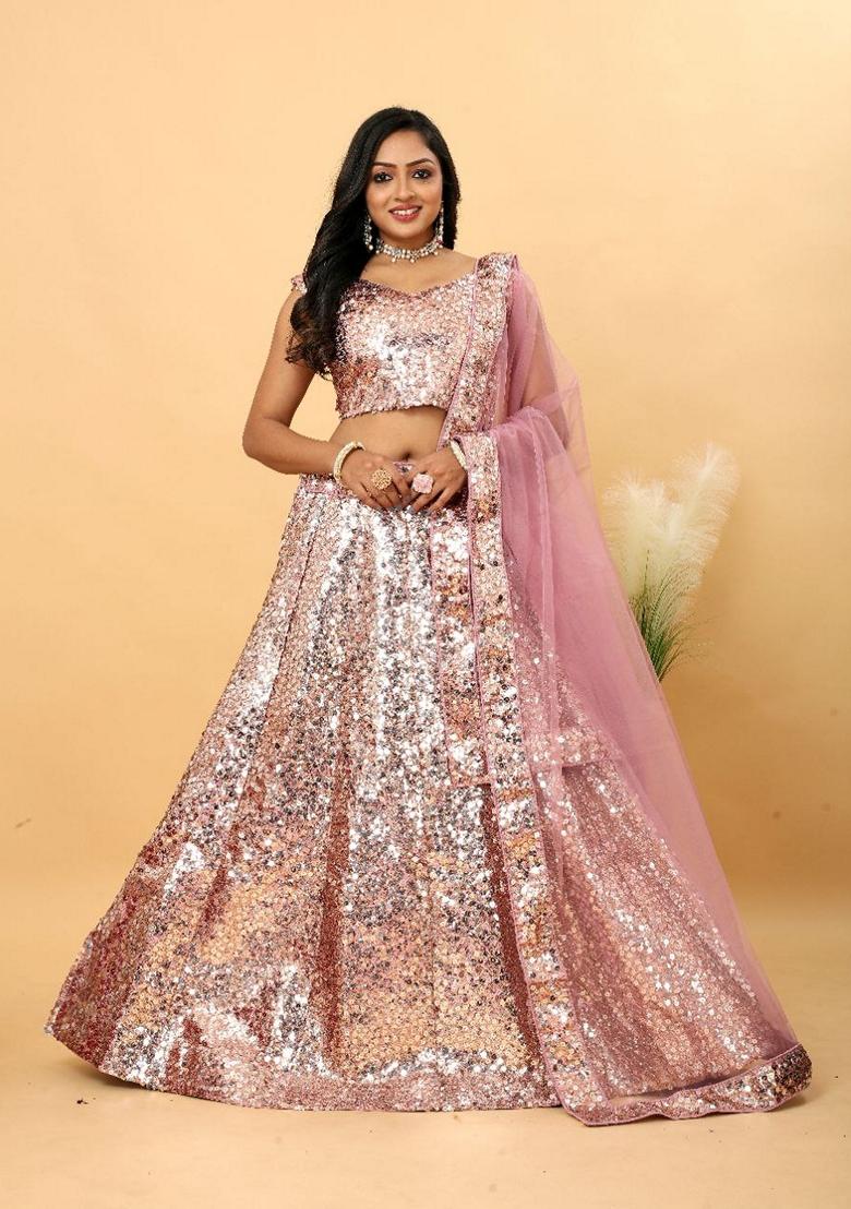 Pink Sequin Embroidered Malai Satin Silk Lehenga Set