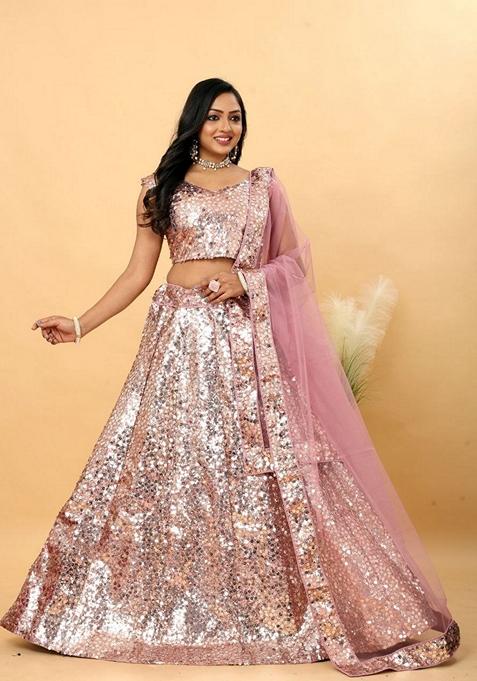 Pink Sequin Embroidered Malai Satin Silk Lehenga Set