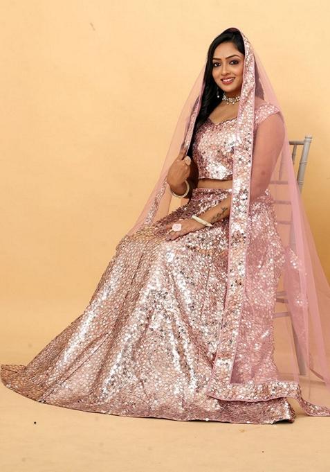 Pink Sequin Embroidered Malai Satin Silk Lehenga Set