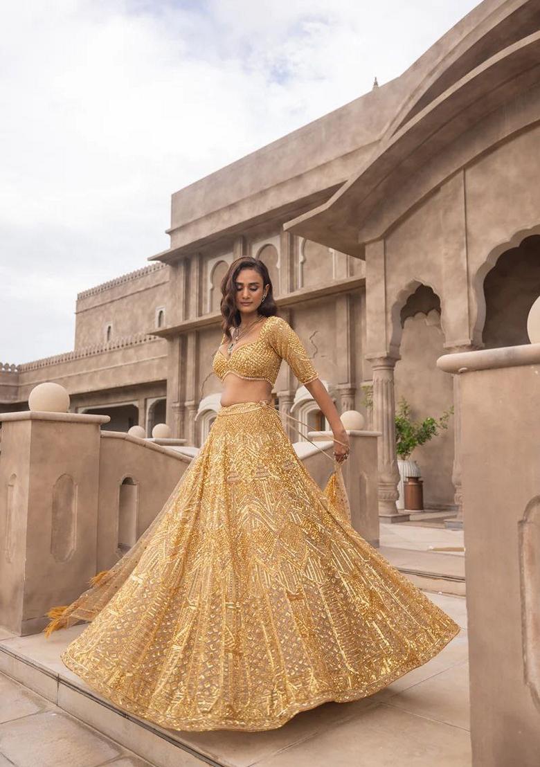 Yellow Sequin Dori Embroidered Soft Net Lehenga Set