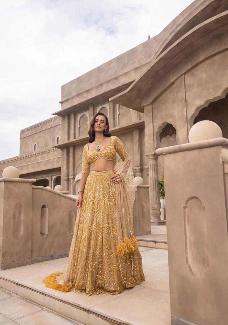 Yellow Sequin Dori Embroidered Soft Net Lehenga Set