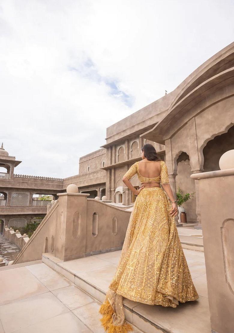 Yellow Sequin Dori Embroidered Soft Net Lehenga Set