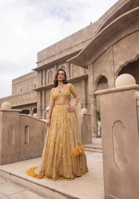 Yellow Sequin Dori Embroidered Soft Net Lehenga Set