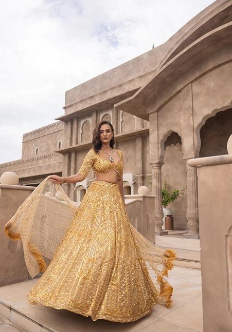 Yellow Sequin Dori Embroidered Soft Net Lehenga Set