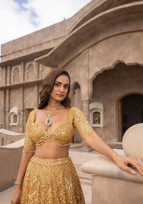 Yellow Sequin Dori Embroidered Soft Net Lehenga Set