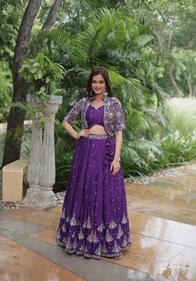 Purple Sequin Embroidered Chinon Lehenga Set