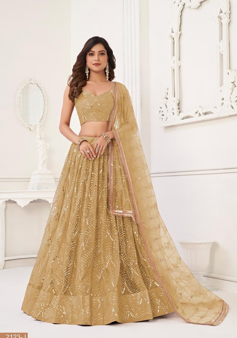 Beige Thread Embroidered Butterfly Net Lehenga Set - Indya