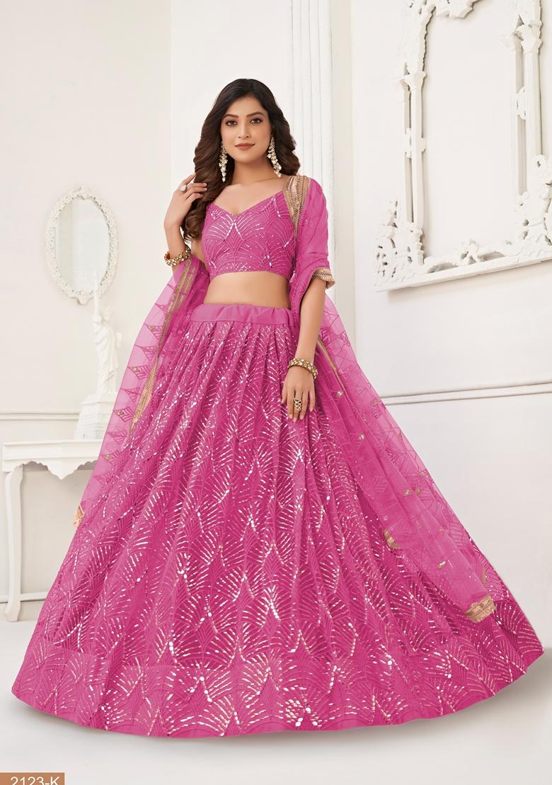 Pink Thread Embroidered Butterfly Net Lehenga Set