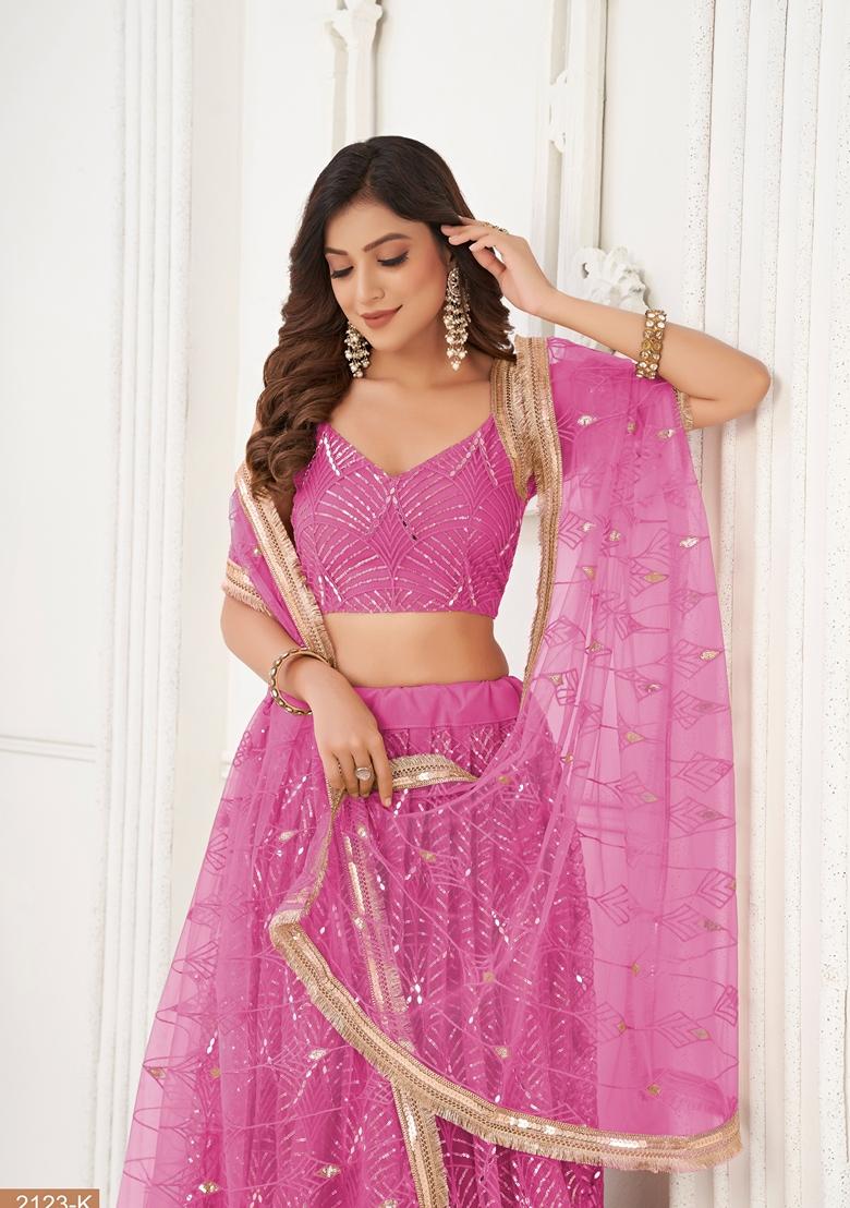 Pink Thread Embroidered Butterfly Net Lehenga Set