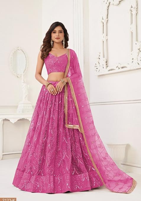 Pink Thread Embroidered Butterfly Net Lehenga Set