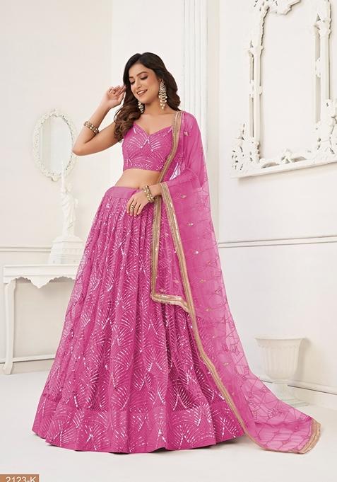 Pink Thread Embroidered Butterfly Net Lehenga Set