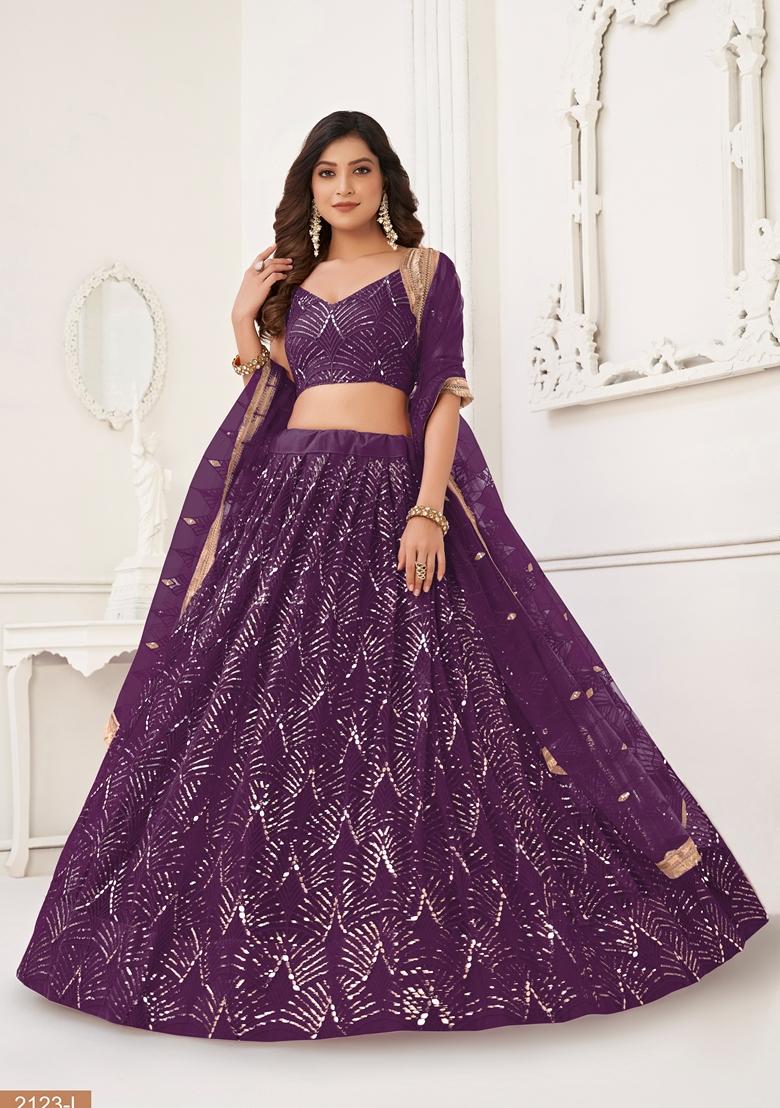 Wine Thread Embroidered Butterfly Net Lehenga Set